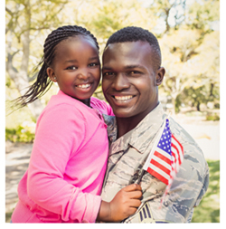 Photo of a happy veteran holding his smiling daughter  