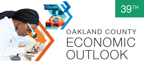 Engineer working on robotics and a 3D Printer | Text: 39th Oakland County Economic Outlook