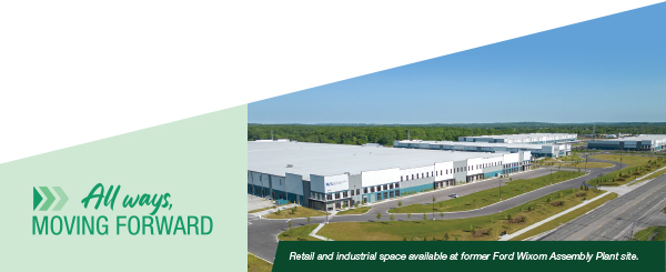 Graphic: All Ways Moving Forward | Photo: Retail and industrial space available at former Ford Wixom Assembly Plant site.
