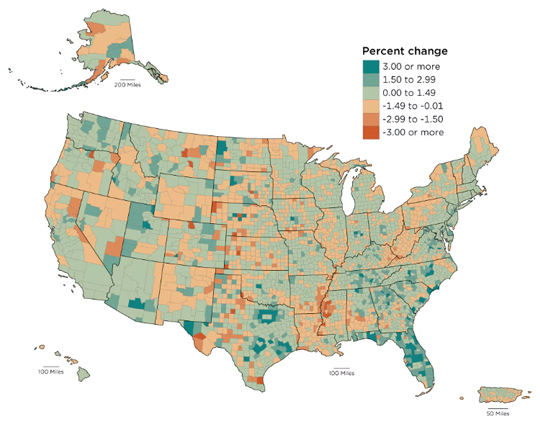 Percent Change in County Population: July 1, 2023 - July 1, 2024