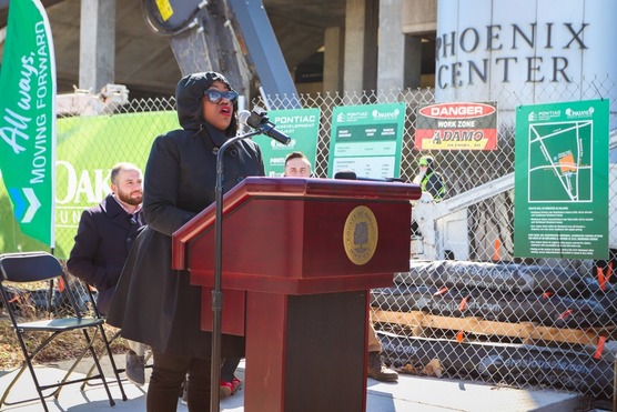 Commissioner Powell speaks at the demolition Pontiac's Phoenix Center on April 8, 2025