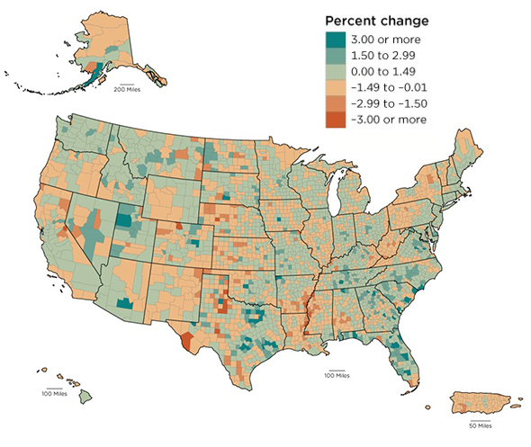 Map of the United States showing the percent change in population by count from July 2024-July 2025