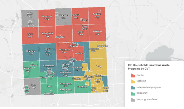 Map of Oakland County showing the Household Hazardous Waste programs