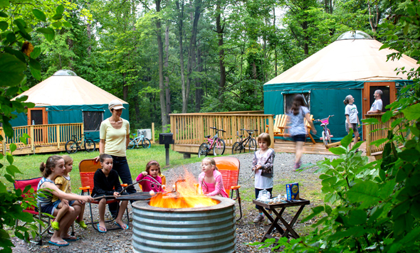 Campers at Addison Oaks County Park Yurts.
