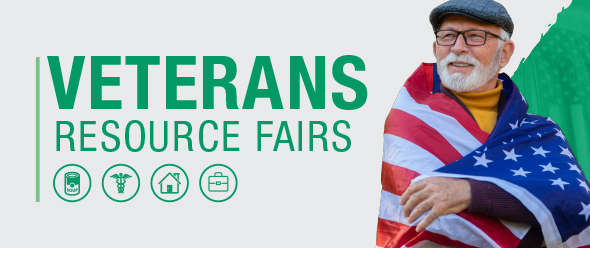 Veterans Resources Fairs. Photo of a veteran with an American Flag wrapped around his shoulders.