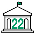 Black outline of a government building with a green flag and the number 22 in the middle