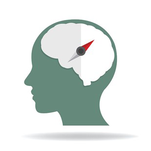 Conceptual illustration of a figure with compass needle in their mind symbolizing finding direction.