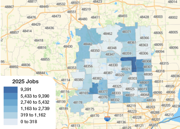 A map showing the distribution of manufacturing jobs in Oakland County by Zip code.