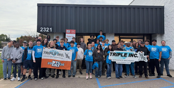 Group shots of students at a Manufacturing Day Tour at Triple Inc.