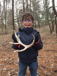 kid holding deer antlers