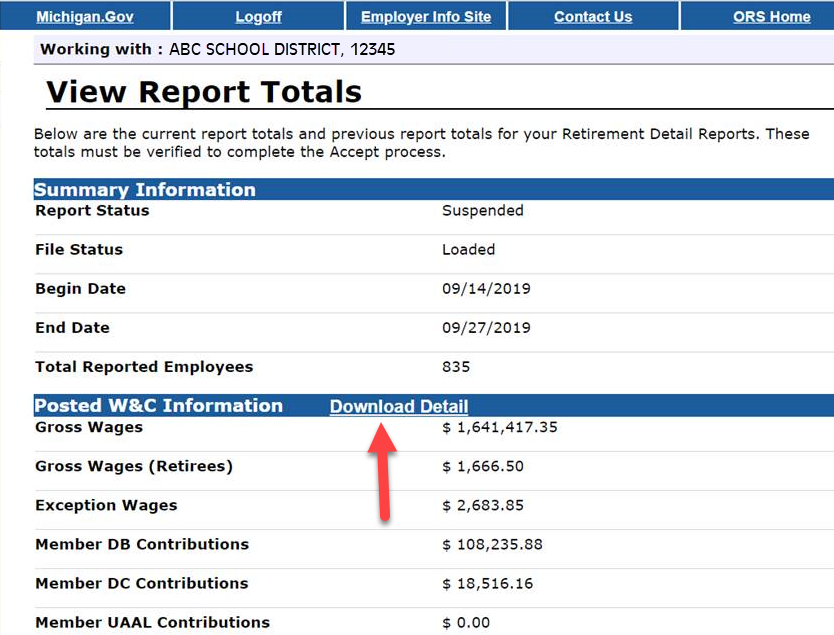 View Report Totals screen with link to Download Details