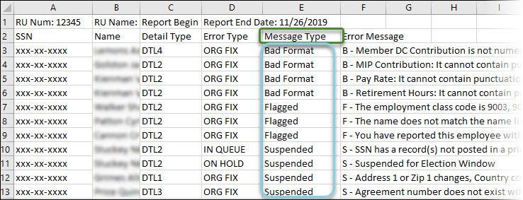 Error report - message type column