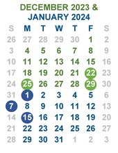 December 2023 calendar 2 months