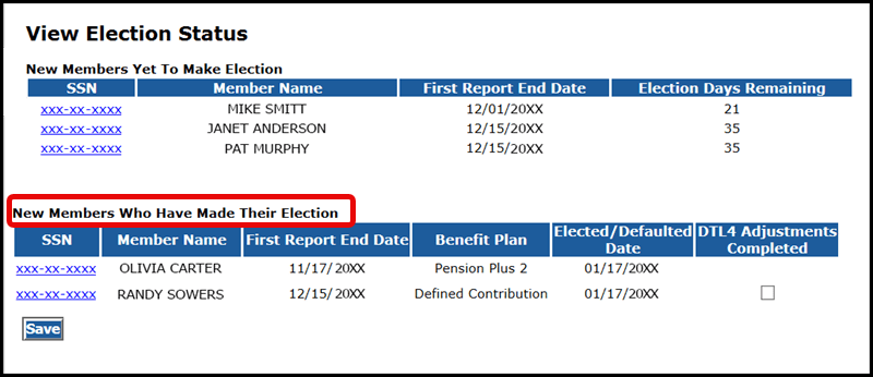 View Election Status screen on the Employer Reporting website