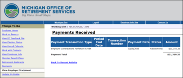 Payments Received screen on the Reporting website, showing the Employer Contributions Forfeiture Credit line