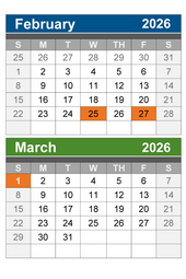 Calendar showing February and March 2026, with Feb. 25, Feb. 27, and March 1 highlighted