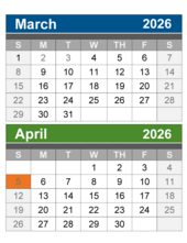 2 month calendar March, April 2026, April 5 highlighted.