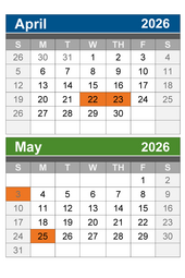 Two-month calendar April and May 2026
