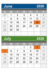 Two-month calendar June and July 2026