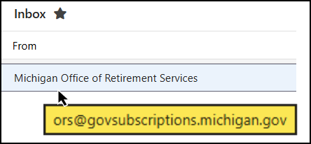 A callout box highlights the sender's email address, "ors@govsubscriptions.michigan.gov".