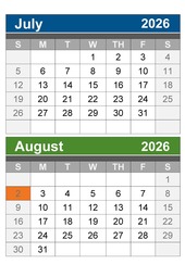 July and August calendar