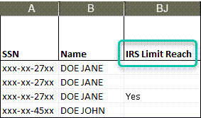 a spreadsheet displaying a column labeled IRS limit reached