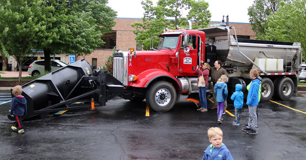 Long line at Loutit District Library touch-a-truck event