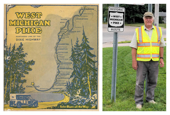Original 1915 tourist directory cover (left). Local historian Blaine Knoll stands next to first installed sign.