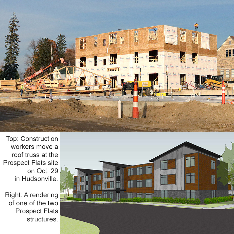 Composite image of Prospect Flats site under construction and rendering.