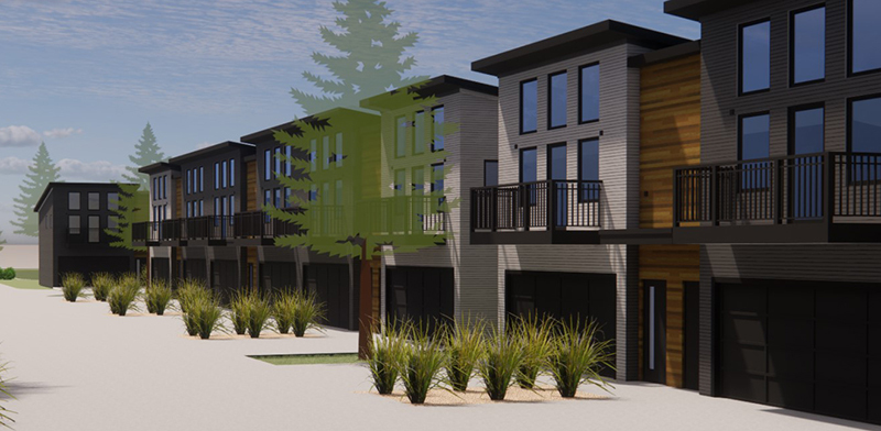 A angled rendering of The Landings at Rush Creek, a 84-unit townhome development planned for a long-vacant site on the northeast side of Hudsonville.