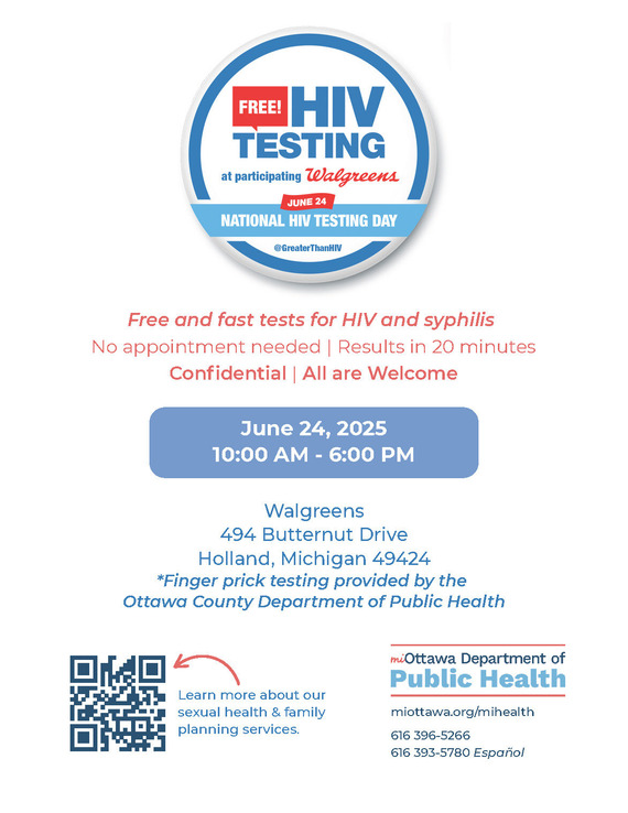 National HIV Testing Day flyer: June 24, 2025, 10 AM-6 PM at Walgreens Holland, MI. Free confidential HIV/syphilis tests, no appointment needed.