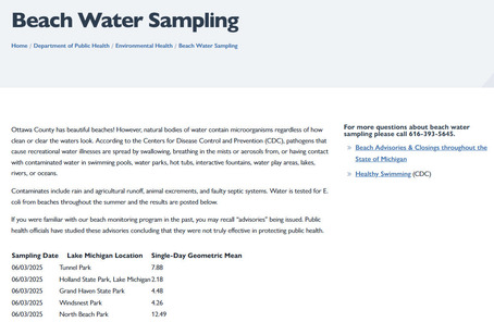 Screenshot of the OCDPH Beach Water Testing webpage