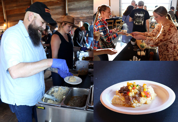 Clockwise, from left: Cory Mitchell oserves braised beef. Top right: Guests get Public’s squash bisque. Bottom right: Beard and The Gal’s dish.