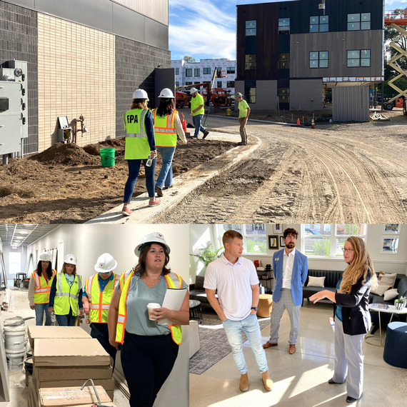 Collage of folks on a tour of Terra Station and Prospect Flats, two Hudsonville developments that utilized EPA assessment funds.