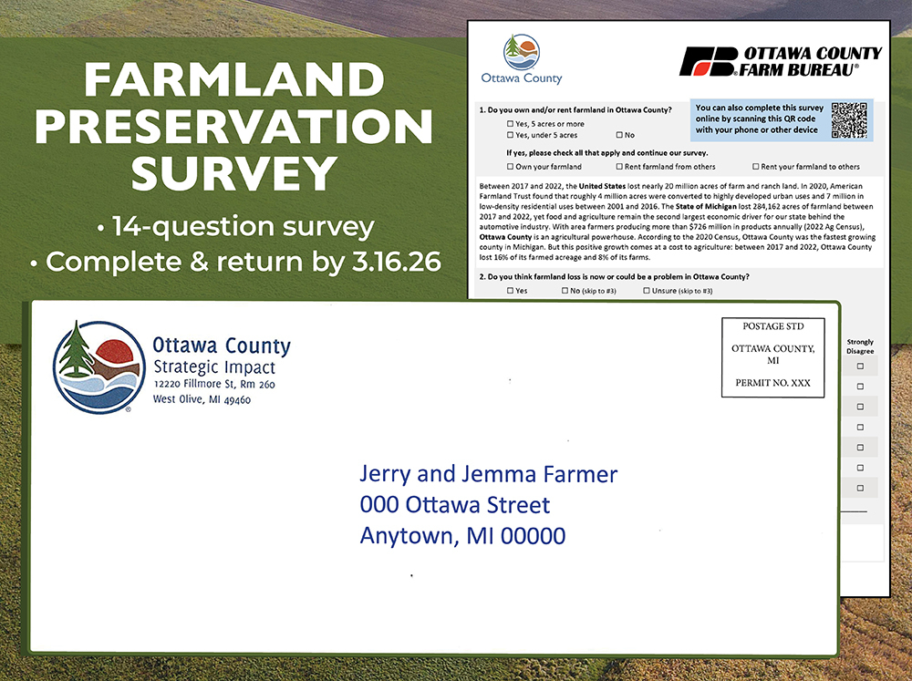 Image of survey and envelope it will arrive via the mail in. Farmland Preservation Survey: 14-question survey, complete by 3.16.26