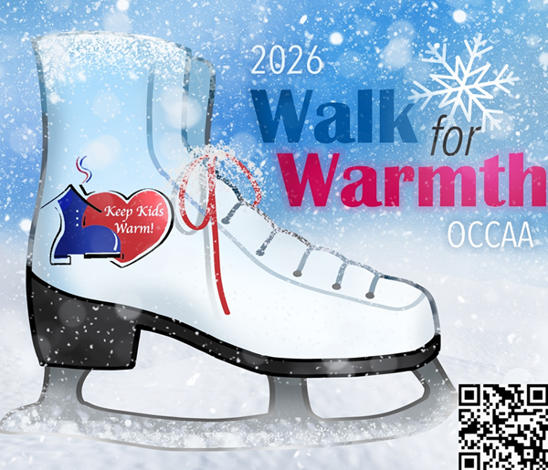 Illustration of ice skate with snowflakes and QR code and 2026 Walk For Warmth
