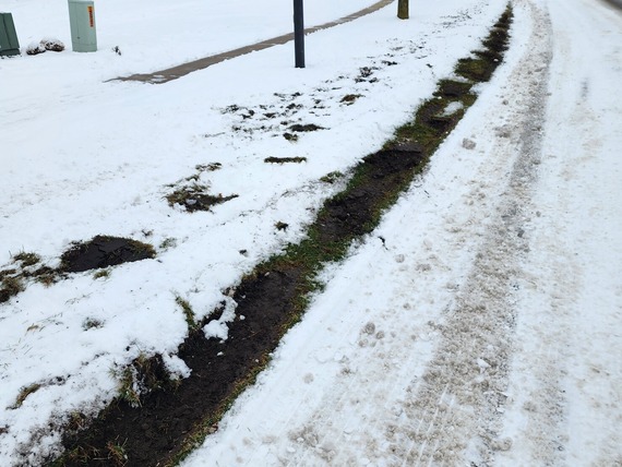 Snow-covered residential street with muddy tire ruts and lawn damage along the roadside from winter plowing operations
