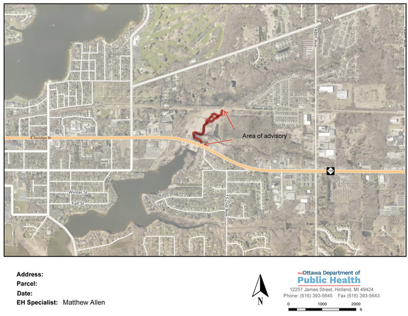 Aerial map showing Lloyds Bayou Creek in red with red arrows pointing to areas of no body contact with water
