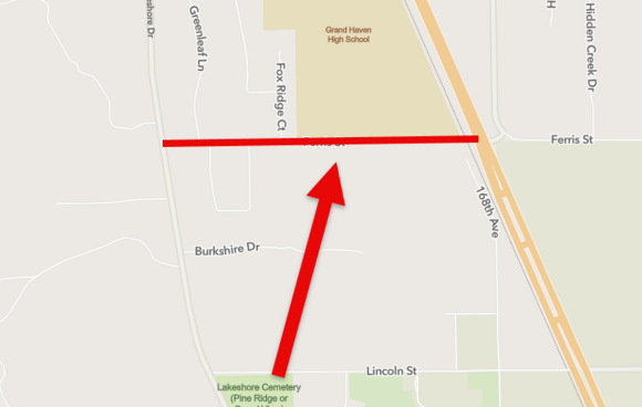Map showing Ferris St. resurfacing work between U.S. 31 and Lakeshore Dr.