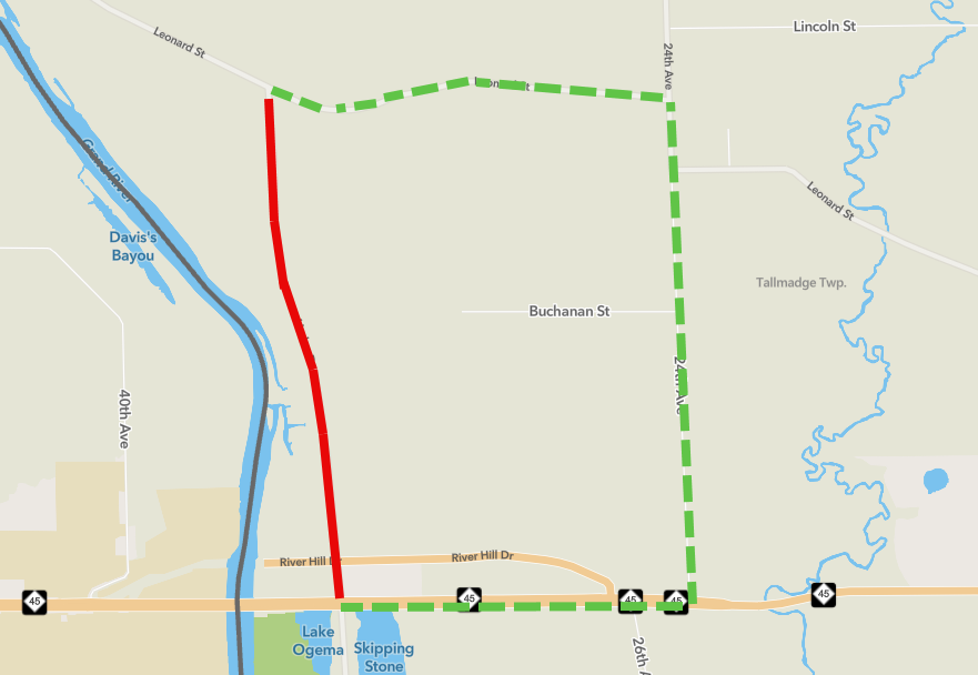 Closure map showing Linden Dr. closure and detour between M-45 and Leonard St. in Tallmadge Township