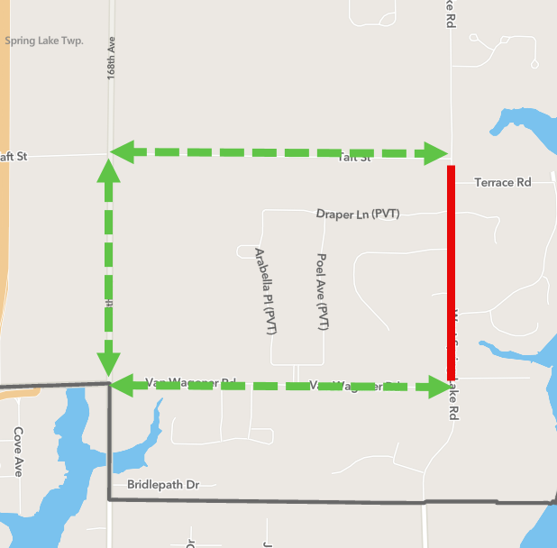 Map showing W. Spring Lake Rd. closure in Spring Lake Township between Taft St. and Van Wagoner Rd.