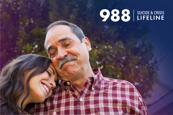 Older father with daughter on his shoulder and 988 logo.
