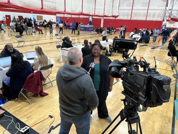 MDOS Deputy Legal Director Khyla D. Craine is interviewed by FOX 2 crew