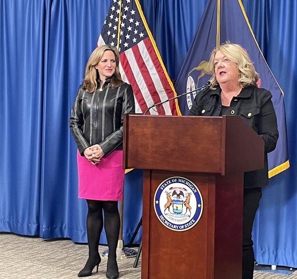 Delta Twp. Clerk Mary Clark and Secretary Benson at the Presidential Primary Early Voting Press Conference