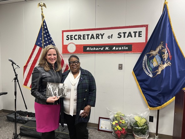 Secretary Benson with Laurie Moore, niece of former Secretary of State Richard H. Austin 