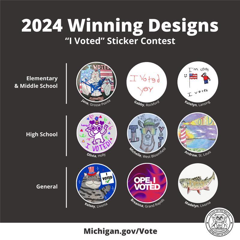 Photos of the Michigan Department of State's "I Voted" Sticker Design Contest 2024 Winners