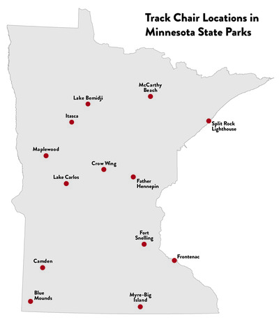 A map of Minnesota showing State Parks with a Track Chair