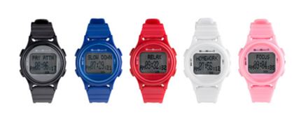 Watchminder3 in 5 colors, the faces of the watches show customizable alert names like homework and focus