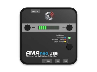 AMAneo USB Steady Mouse device, a black square with a light up bar and several buttons