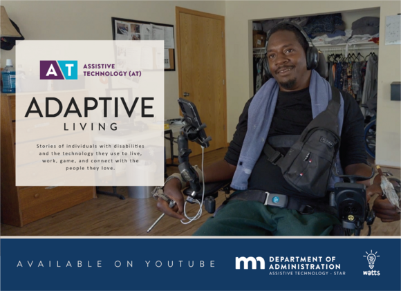 A person with disabilities in a wheelchair with headphones using assistive technology and is featured in one of the Adaptive Living videos